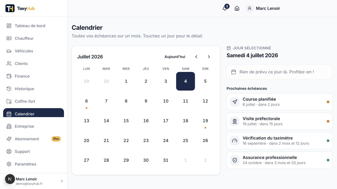 Capture réelle TaxyHub — Calendrier