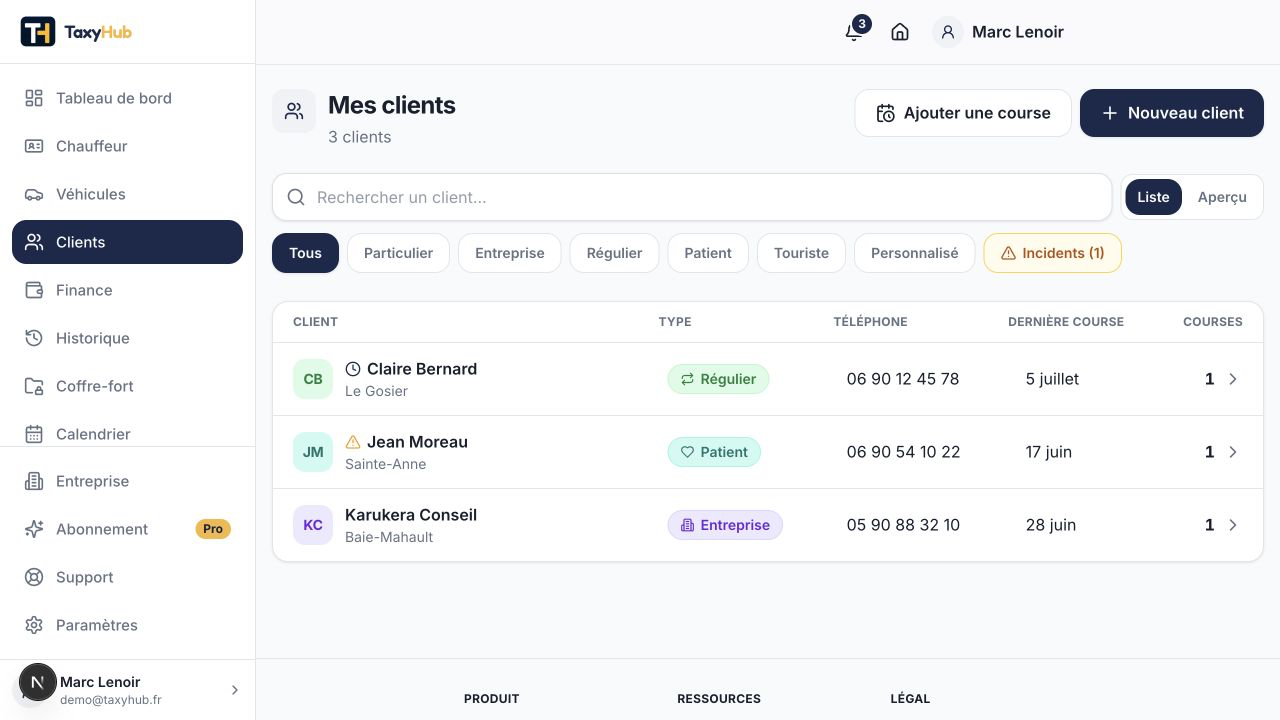 Capture réelle TaxyHub — Clients