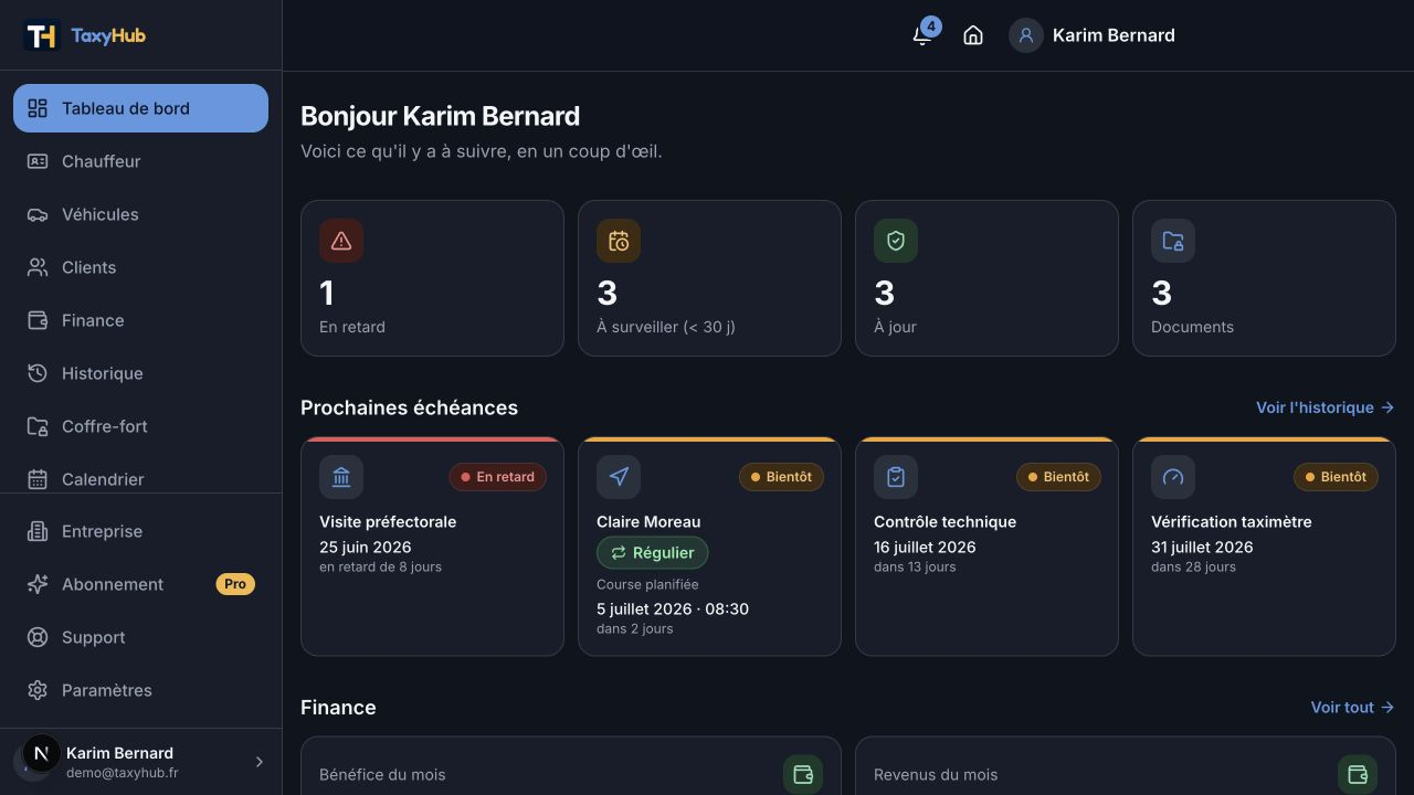 Tableau de bord TaxyHub avec les échéances, véhicules, clients et documents