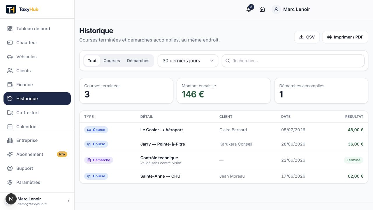 Capture réelle TaxyHub — Historique