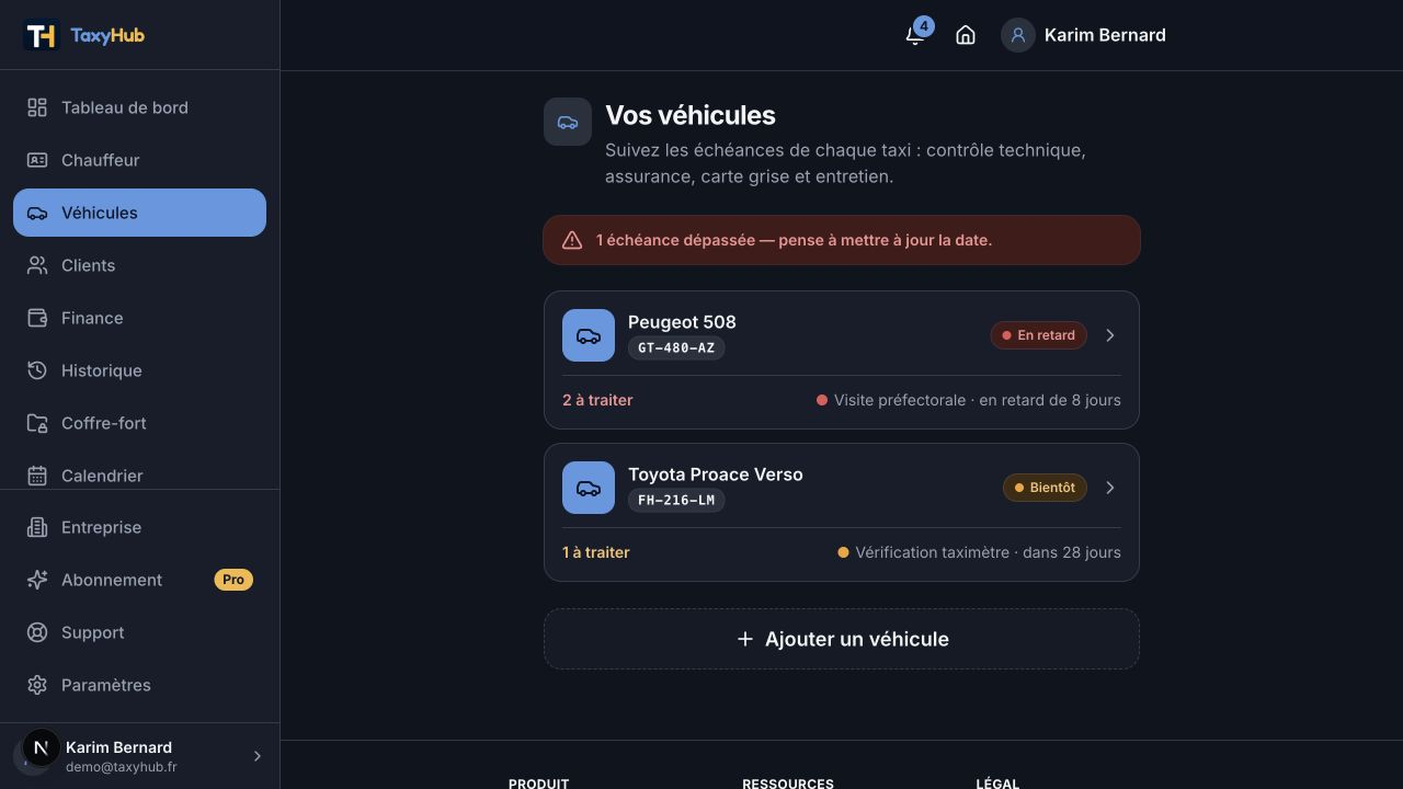Capture réelle TaxyHub — Véhicules
